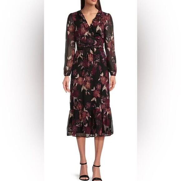 Leslie Fay Dresses & Skirts - Leslie Fay Dark Floral Whimsical Witch Goth Ruffle VNeck Sheer Long Sleeve Dress